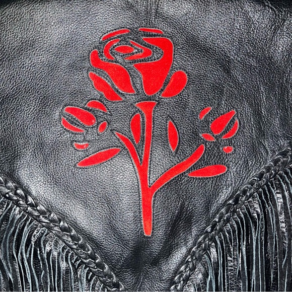 Vintage Milwaukee Leather Size Small Black Leather Fringe Red Rose Vest - Picture 6 of 7